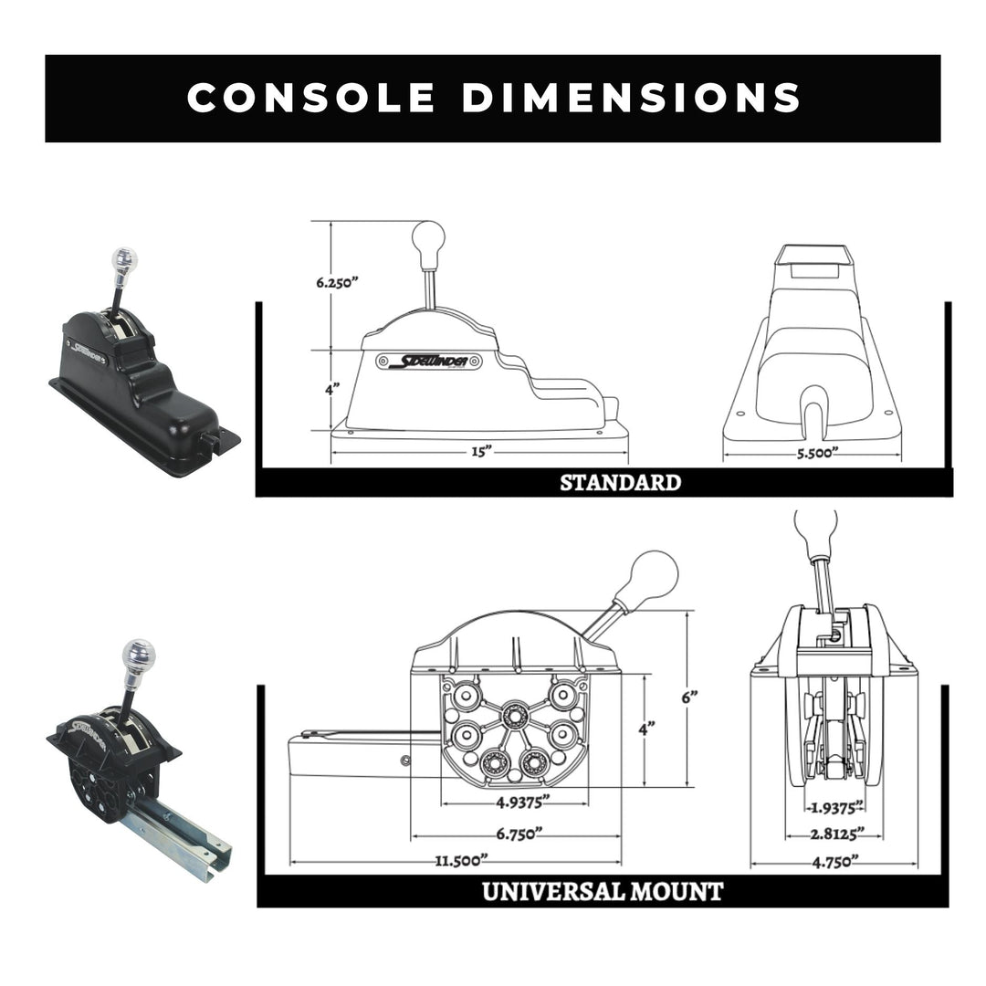 Technical diagram of off road winters sidewinder shifter console dimensions with labeled parts and measurements.