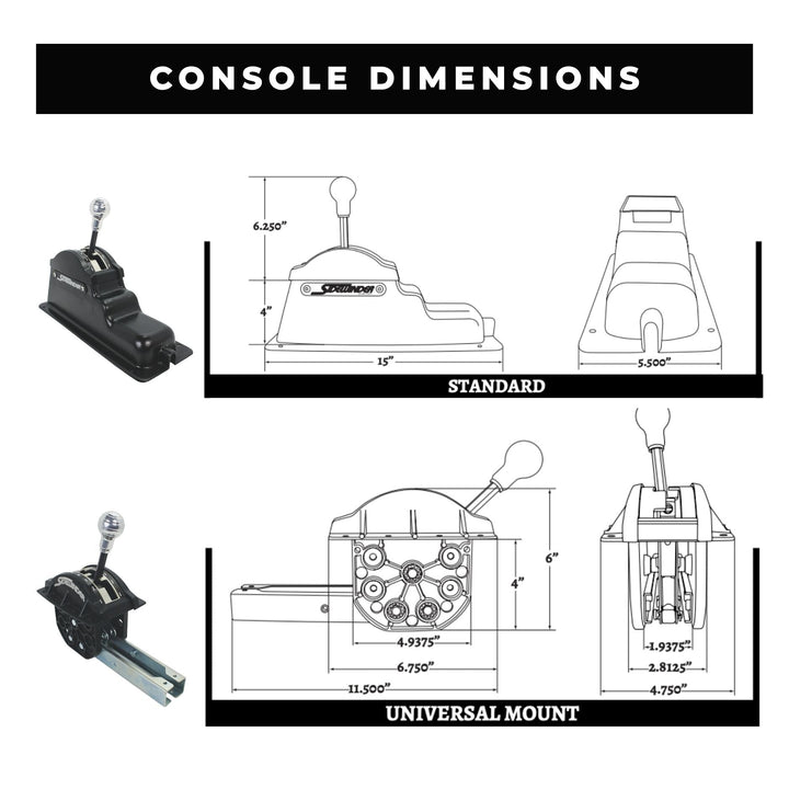Technical diagram of off road winters sidewinder shifter console dimensions with labeled parts and measurements.