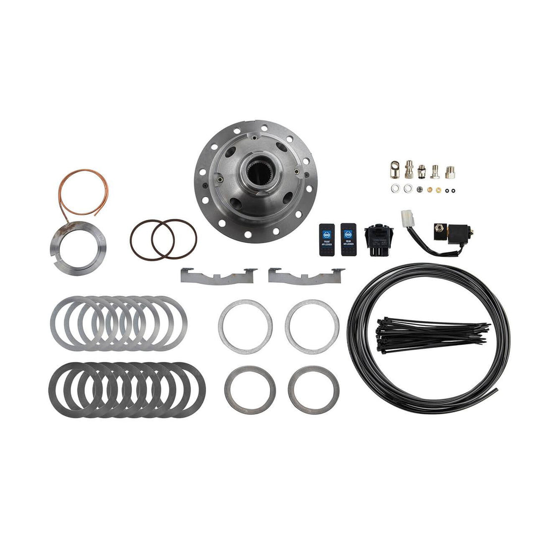 Collection of Dana 70 air locker high speed components on a white background