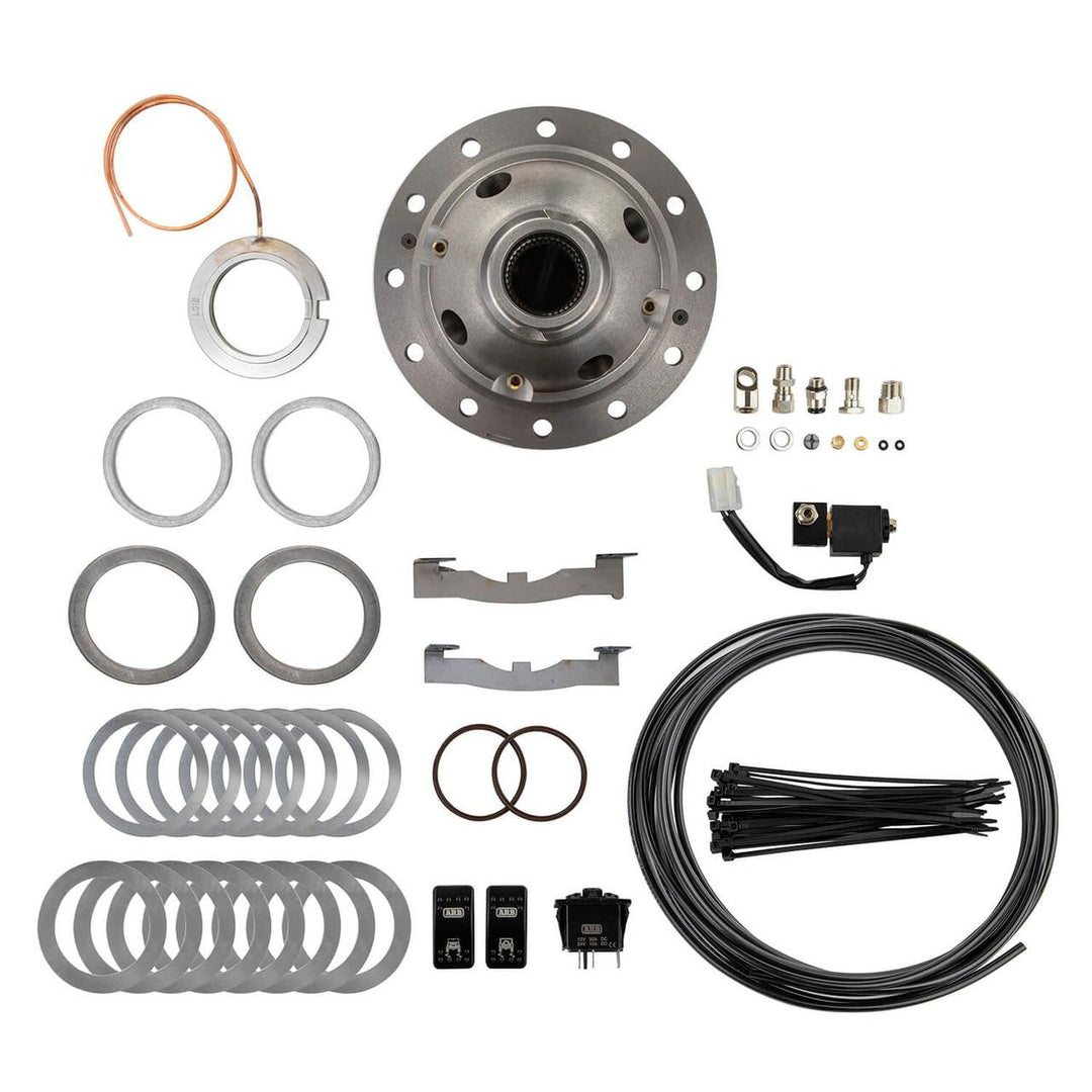 Collection of Dana 80 low speed air locker and wiring on a white background