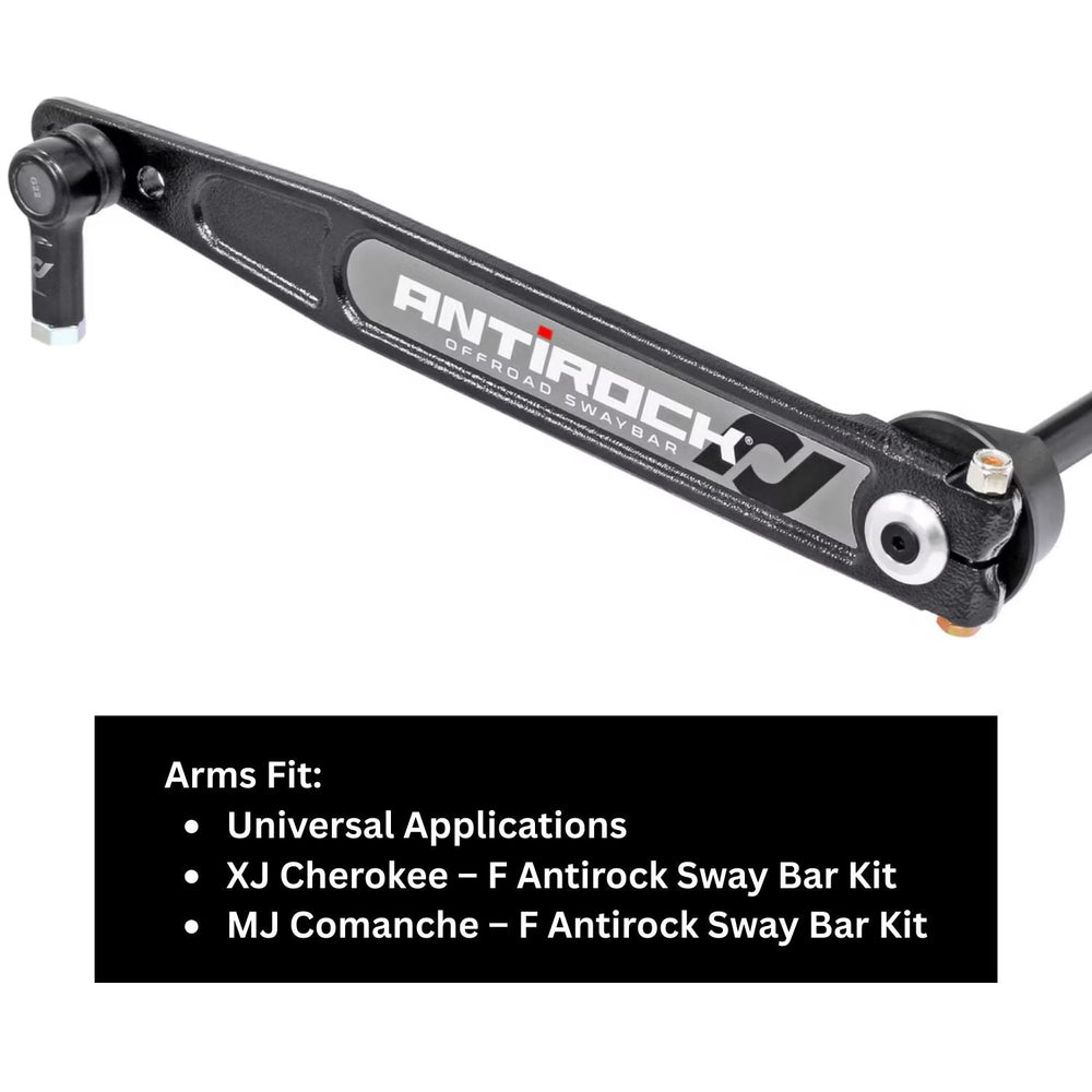 XJ Cherokee AntiRock replacement arms on a white background with product details.