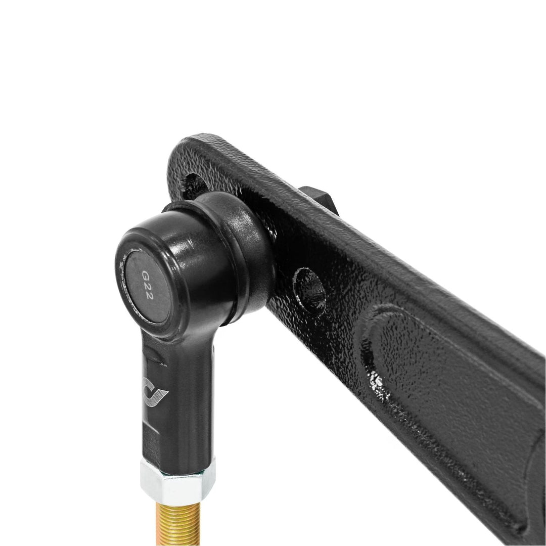 Close-up of a MJ Comanche AntiRock sway bar arm on a white background