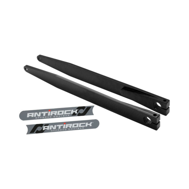 Two 5 spline sway bar arms for RockJock with matching black AntiRock Stabilizer Bar End Kits stickers shown on a plain white background.