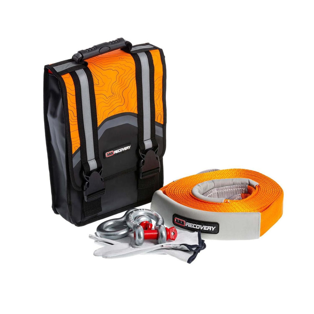 ARB Weekender recovery kit with black and orange bag and strap on a white background