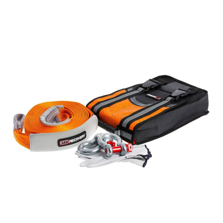 Orange Off-road recovery kit with snatch strap with black carrying case and shackles on a white background