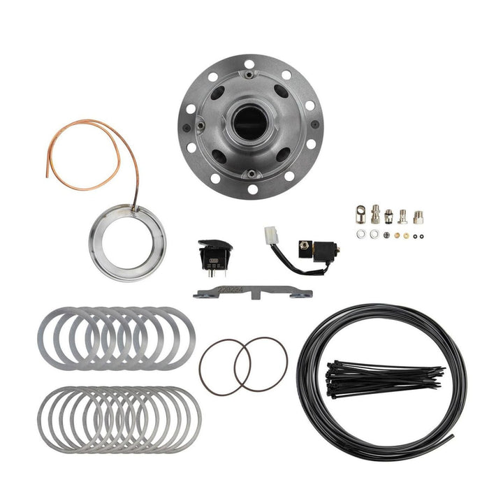 Collection of Jeep JL M220 air locker upgrade including a wheel hub, springs, and wiring on a white background