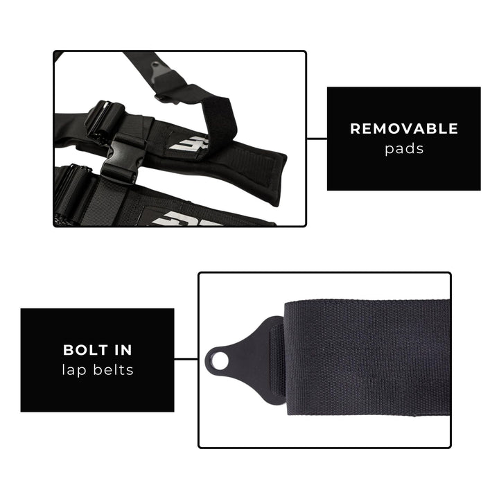 Black PRP EZ adjust 4 point seat belt with removable pads and bolt-in design on a white background