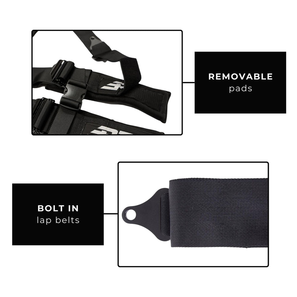 Black PRP EZ adjust 4 point seat belt with removable pads and bolt-in design on a white background