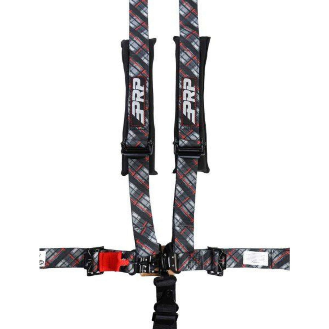 PRP removable pad 5 point seat belt with plaid pattern and PRP branding on a white background