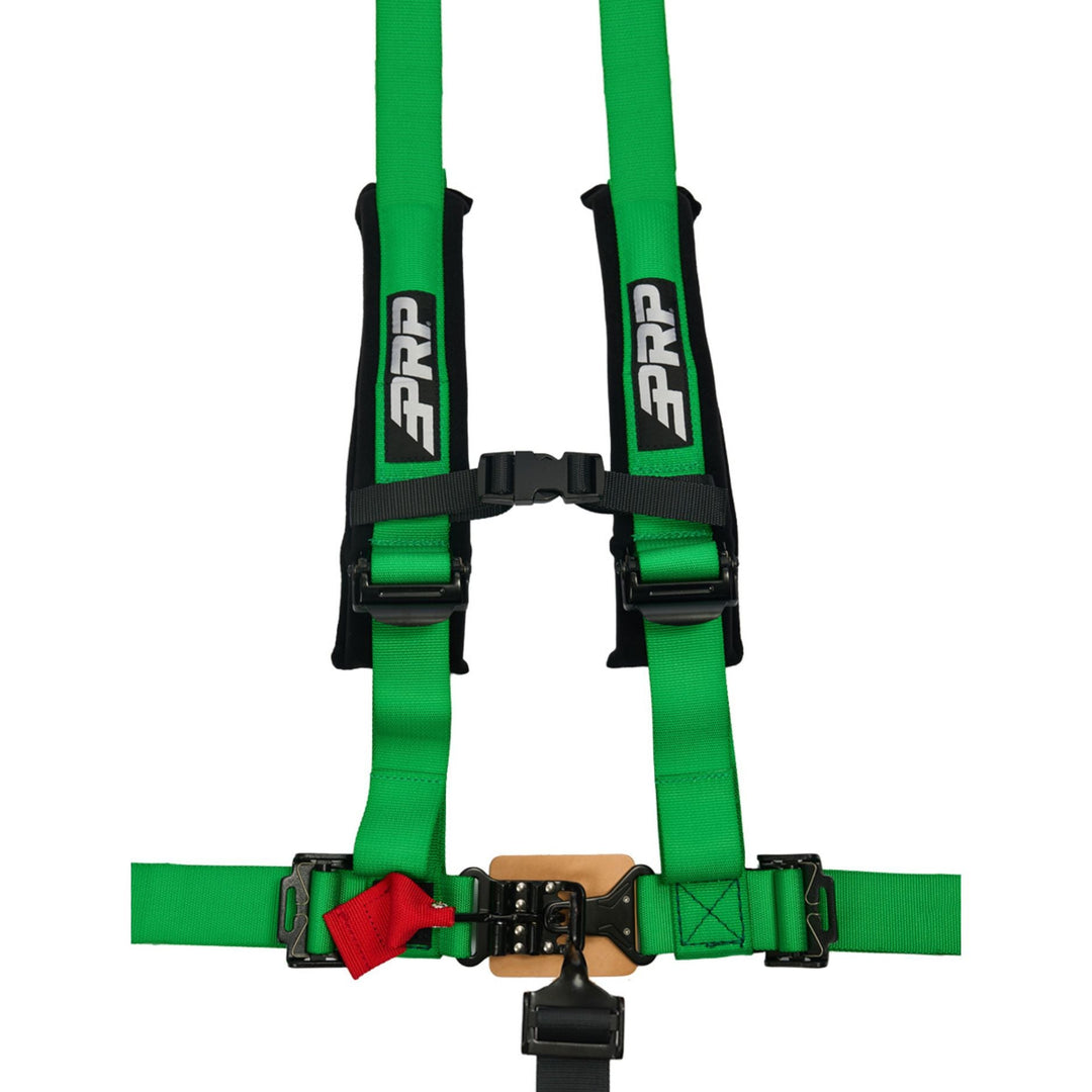 Green 2 inch padded 5 point harness with PRP logo on a white background