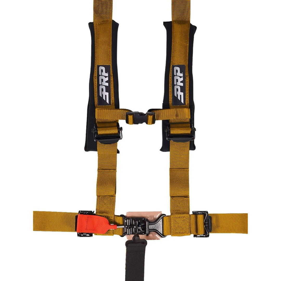 Gold 2 inch padded 5 point harness with PRP logo on a white background