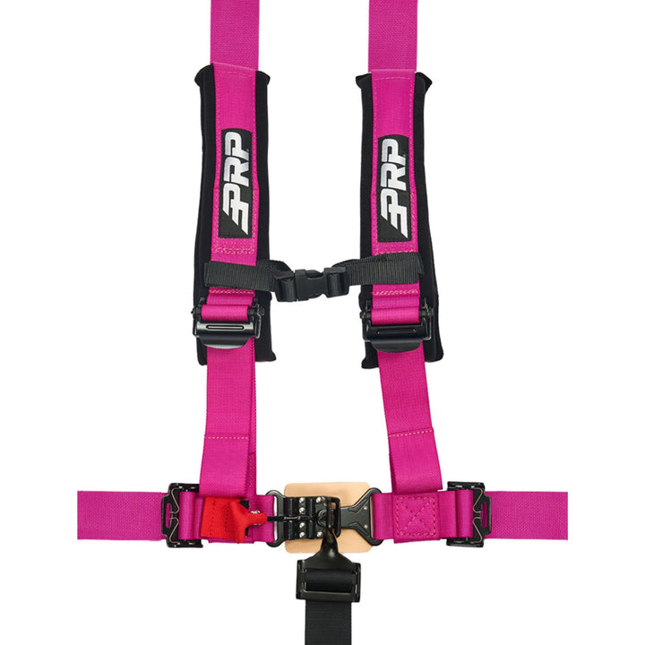 Pink 2 inch padded 5 point harness with PRP logo on a white background