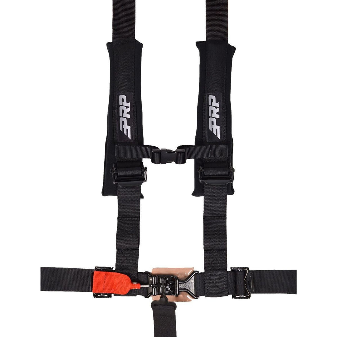 Black PRP 2 inch padded 5 point harness with red buckle on a white background
