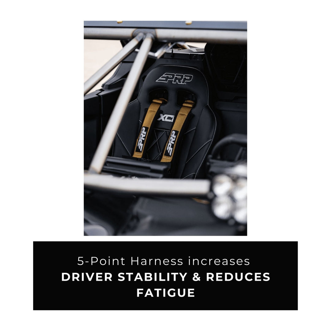 PRP 2 inch padded 5 point harness with visible PRP branding in a car interior, text about harness benefits.