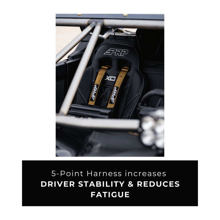PRP 2 inch padded 5 point harness with visible PRP branding in a car interior, text about harness benefits.