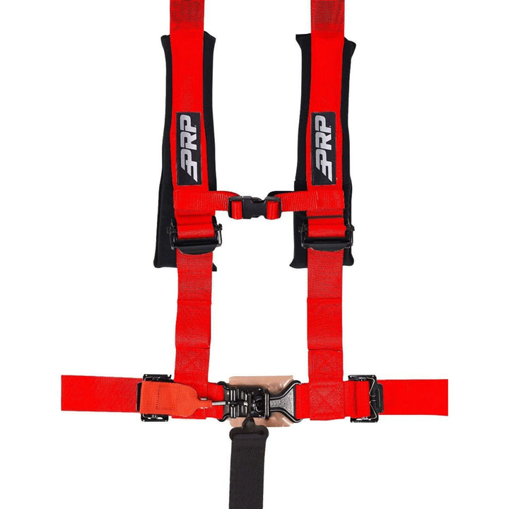 Red 2 inch padded 5 point harness with PRP logo on a white background