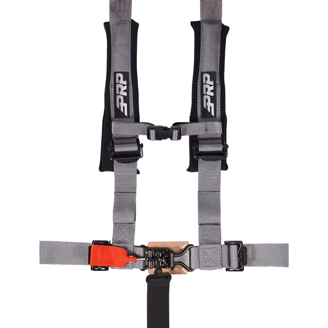 Silver 2 inch padded 5 point harness with PRP logo on a white background
