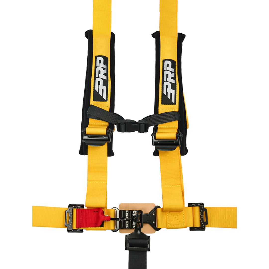 Yellow 2 inch padded 5 point harness with PRP logo on a white background