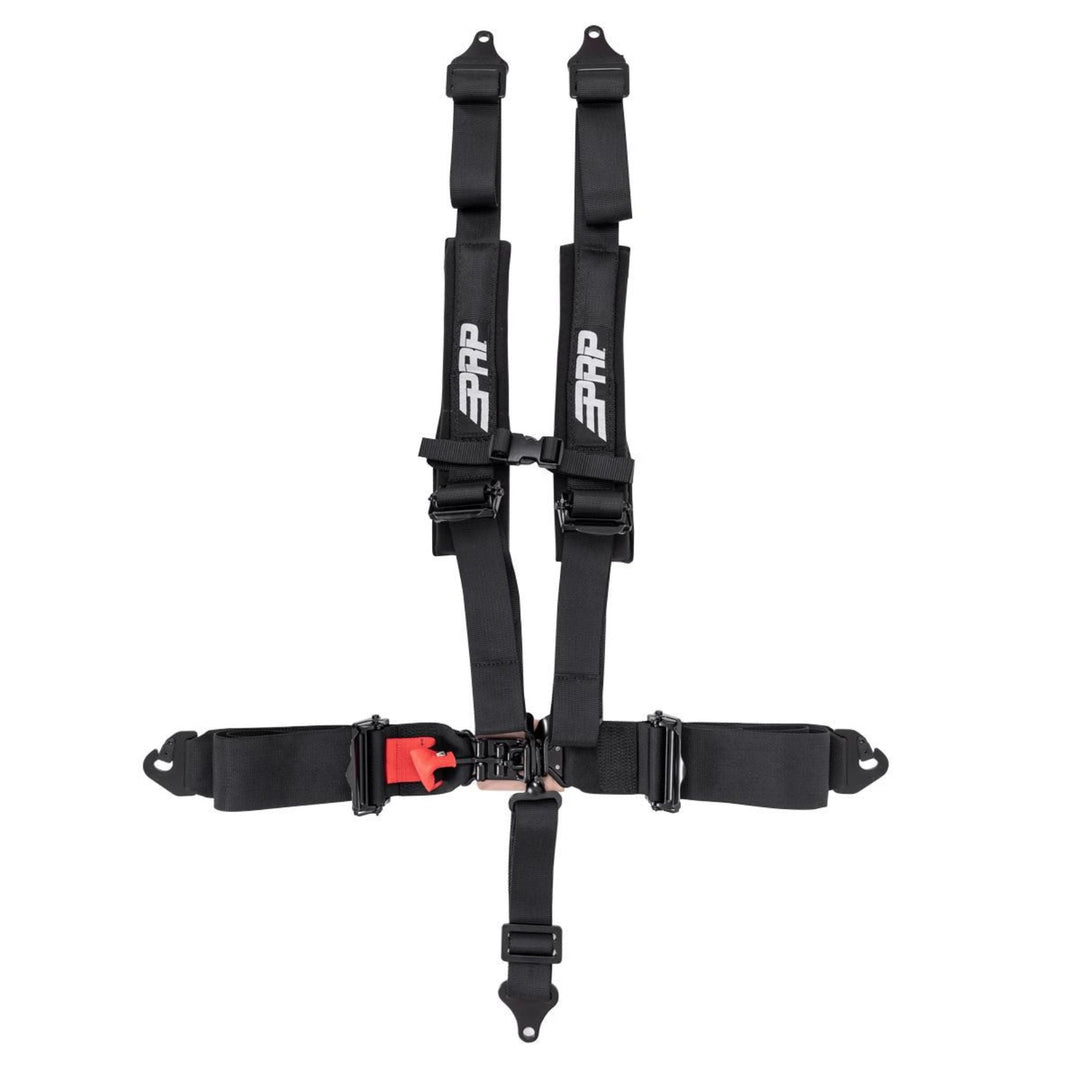 5 point harness with 3" belts and sewn in pads for comfort on white background