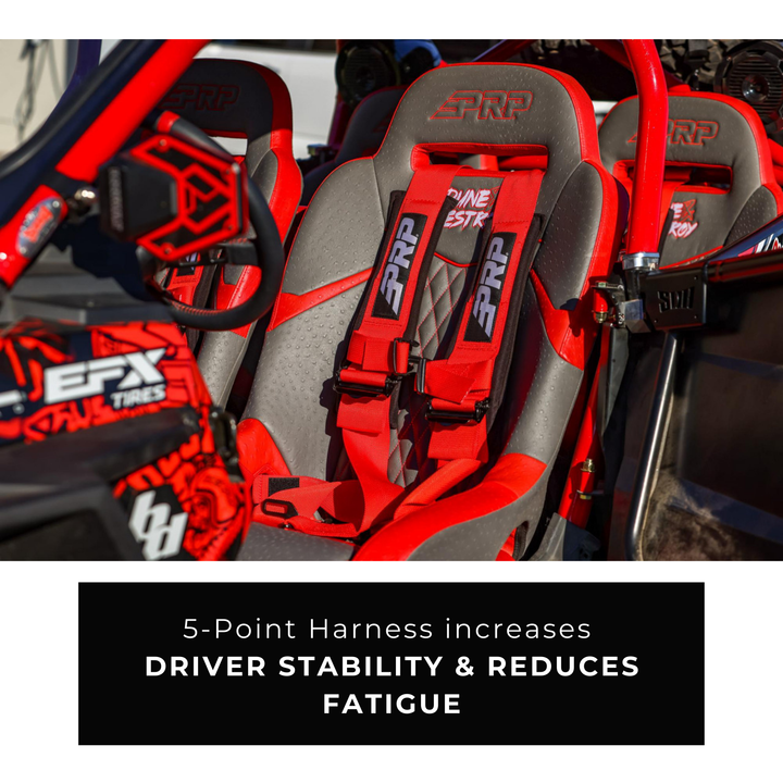 Red PRP EZ adjust shoulder 5 point harness on a vehicle interior.