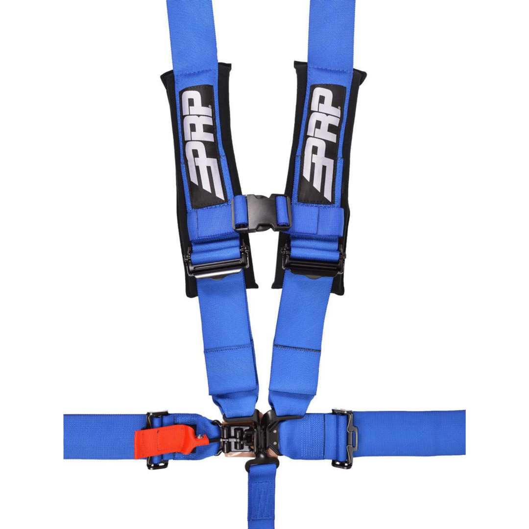 Blue PRP 5.3 padded 5 point racing harness with black and red accents on a white background