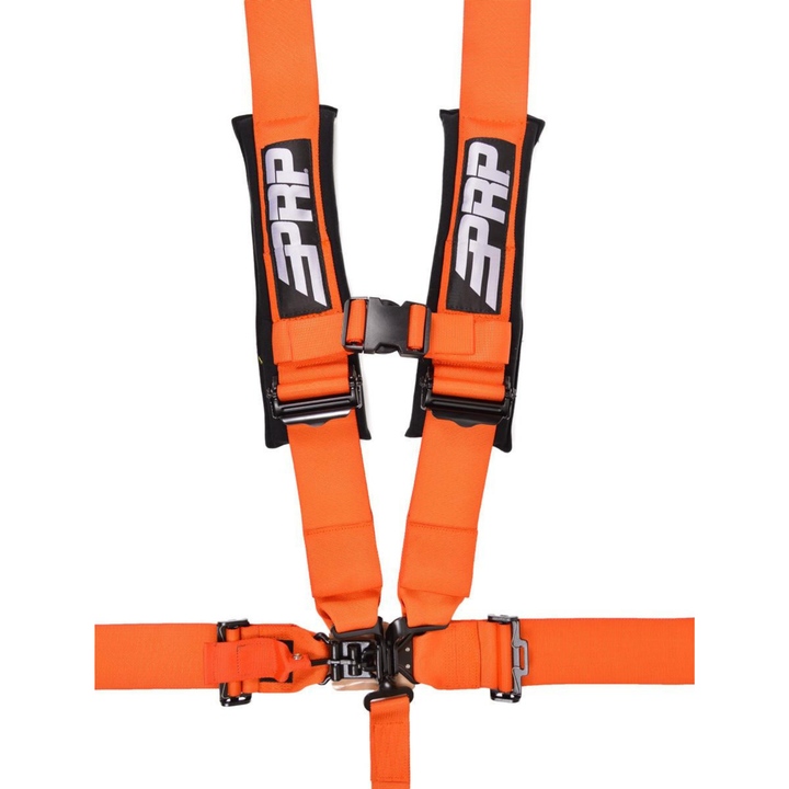 Orange 5-point SFI 16.1 off road racing harness with black PRP branding on a white background