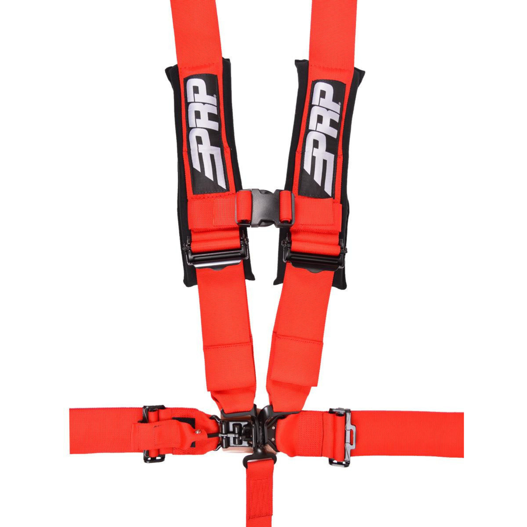 Red PRP SFI 16.1 off road racing harness on a white background