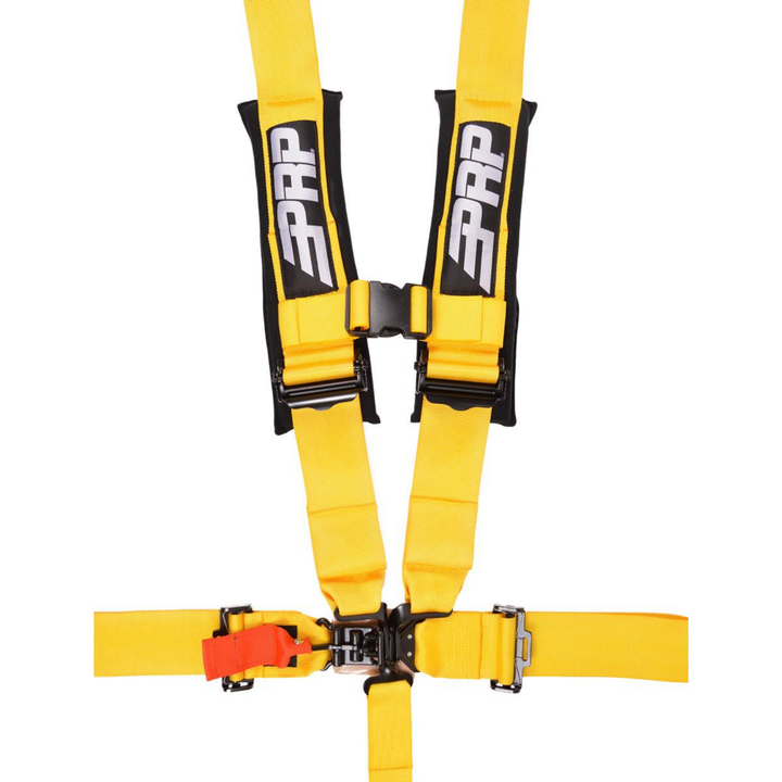 Yellow PRP SFI 16.1 off road racing harness on a white background