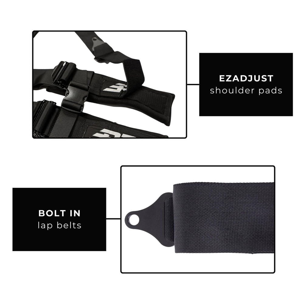Diagram of PRP EZADJUST shoulder pads and bolt-in lap belts on a white background