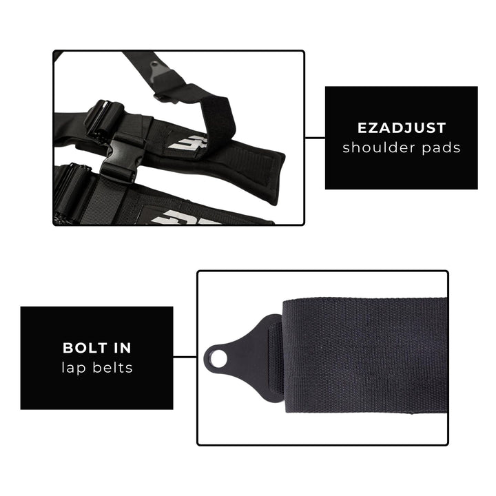 Diagram of PRP EZADJUST shoulder pads and bolt-in lap belts on a white background