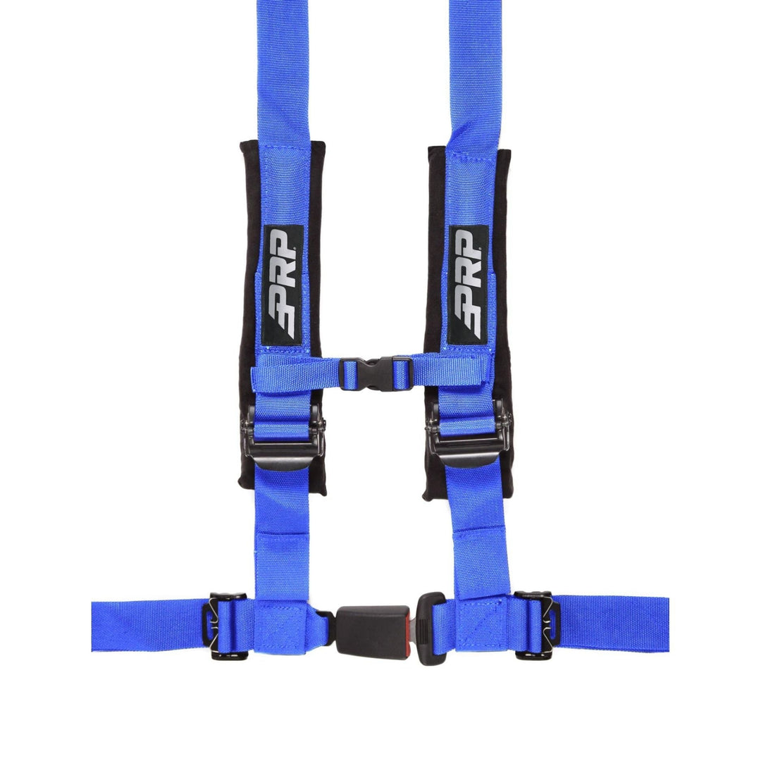 Blue 4-point racing harness with  automotive buckle style latch and PRP logo on a white background