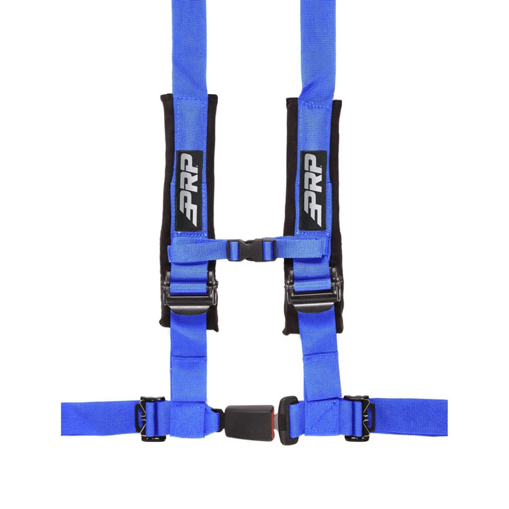 Blue 4-point racing harness with  automotive buckle style latch and PRP logo on a white background