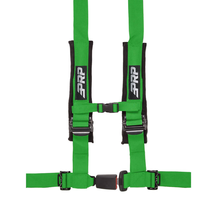 Green 4-point racing harness with  automotive buckle style latch and PRP logo on a white background