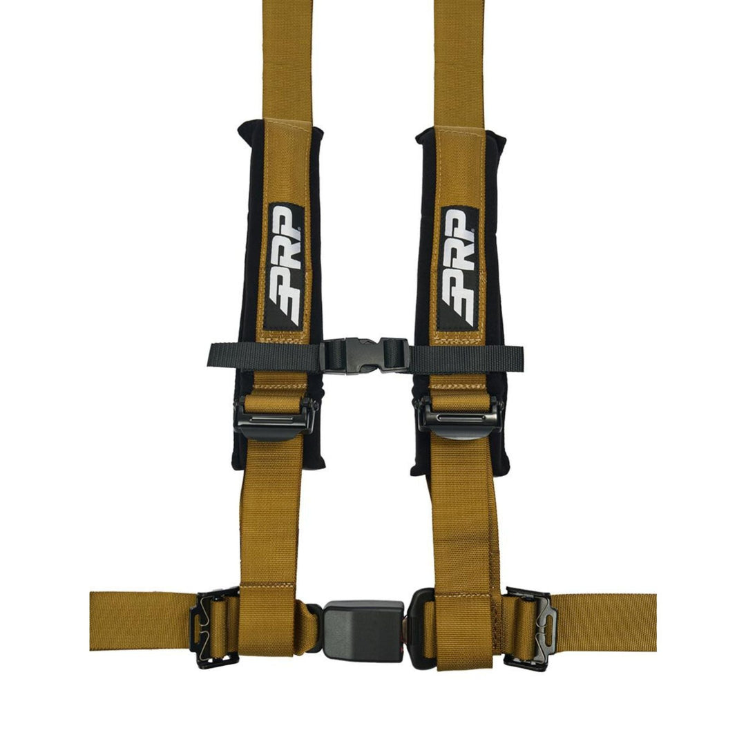 Gold 4-point racing harness with  automotive buckle style latch and PRP logo on a white background