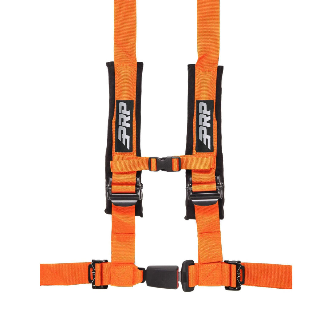 Orange 4-point racing harness with  automotive buckle style latch and PRP logo on a white background