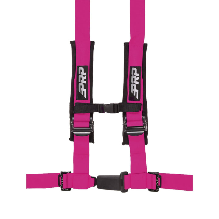 Pink 4-point racing harness with  automotive buckle style latch and PRP logo on a white background