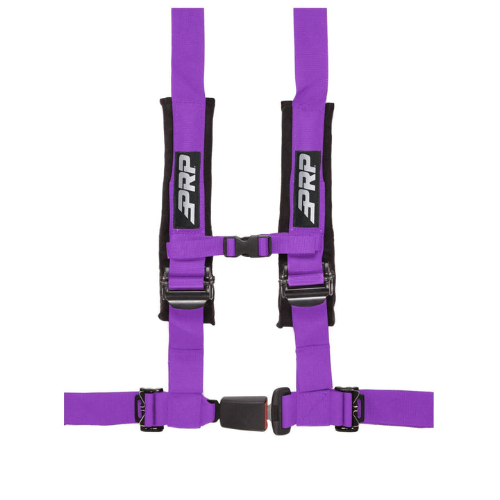 Purple 4-point racing harness with  automotive buckle style latch and PRP logo on a white background