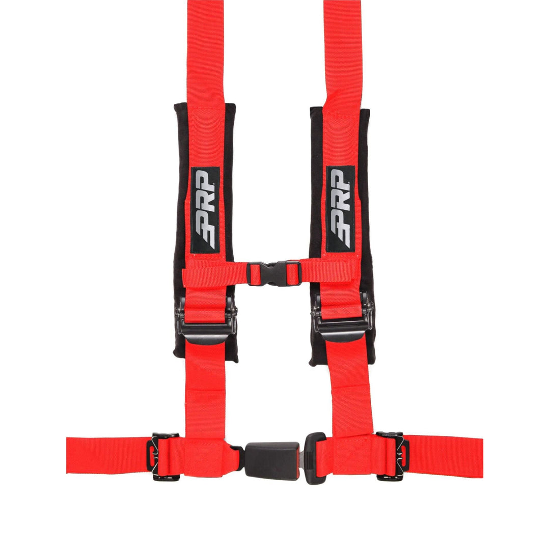 Red 4-point racing harness with  automotive buckle style latch and PRP logo on a white background