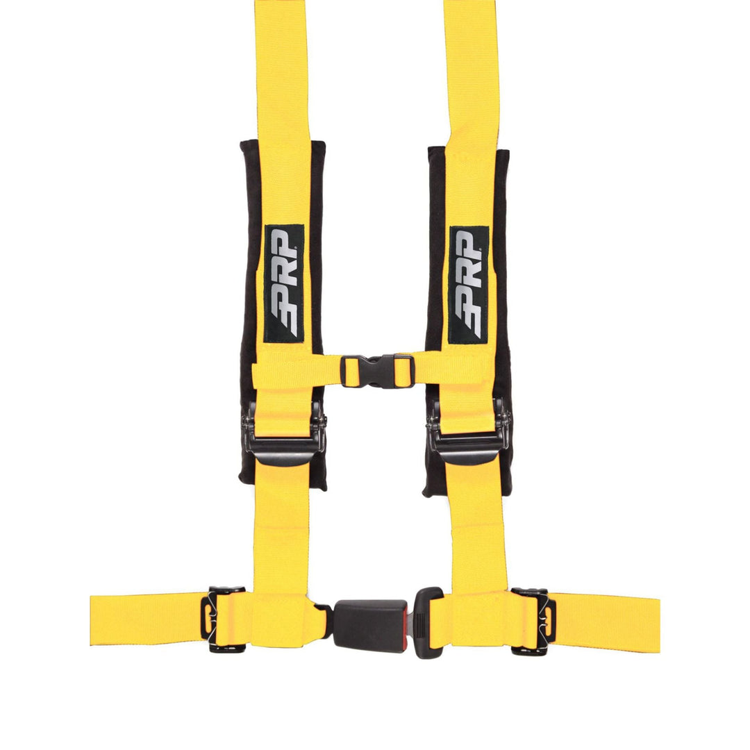 Yellow 4-point racing harness with  automotive buckle style latch and PRP logo on a white background
