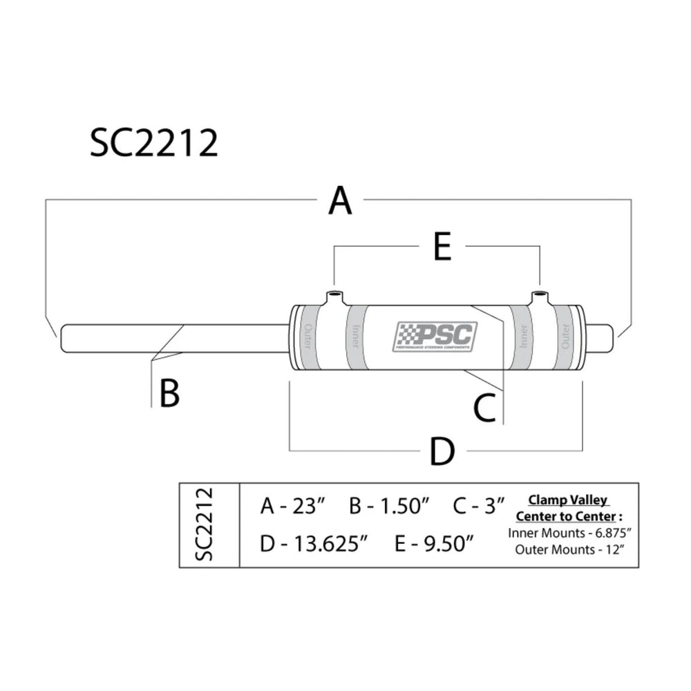 Technical drawing of a PSC full hydraulic steering cylinder with 1.5 rod and dimensions labeled