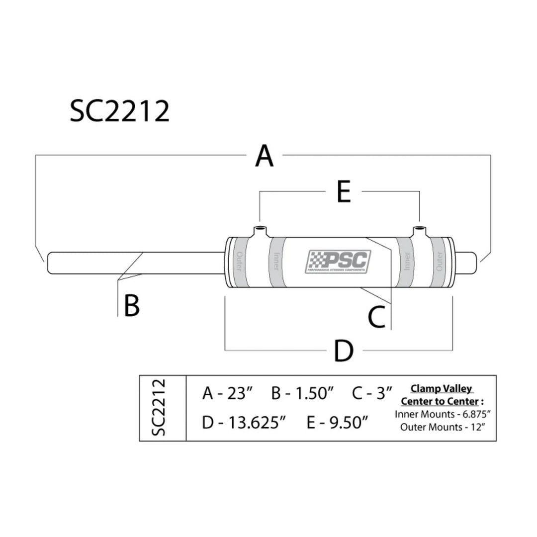 Technical drawing of a PSC full hydraulic steering cylinder with 1.5 rod and dimensions labeled