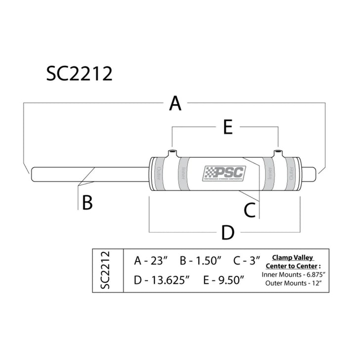 Technical drawing of a PSC full hydraulic steering cylinder with 1.5 rod and dimensions labeled