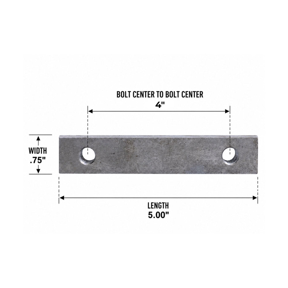 Technical dimension diagram of a weld plate for PSC steering ram with two circular bolt holes, showing width 0.75 inches, length 5.