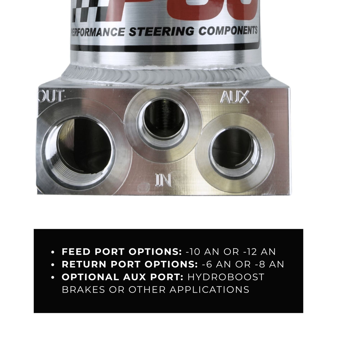 Power steering Hydro Boost dual return steering reservoir with feed and return port options on a white background