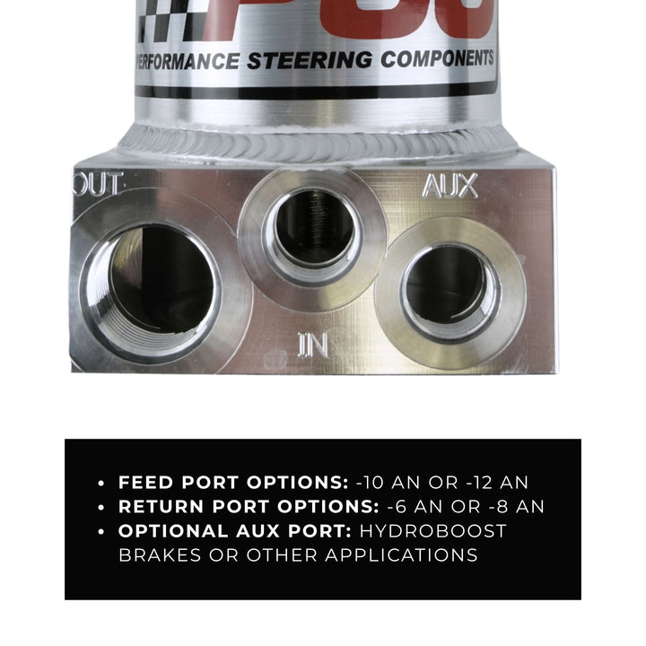 Power steering Hydro Boost dual return steering reservoir with feed and return port options on a white background