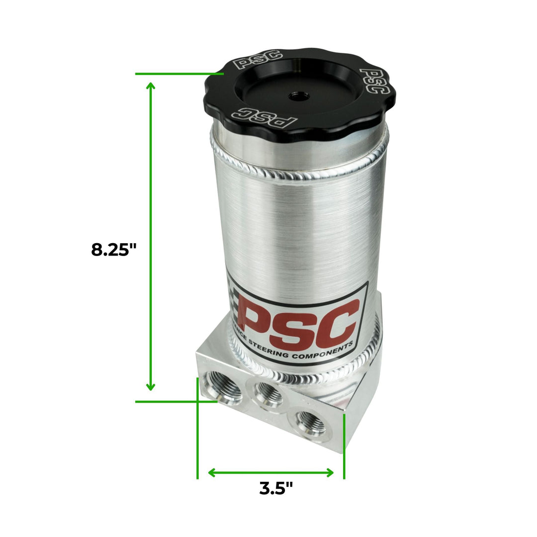 Remote reservoir for full hydraulic steering with PSC branding and dimensions on a white background