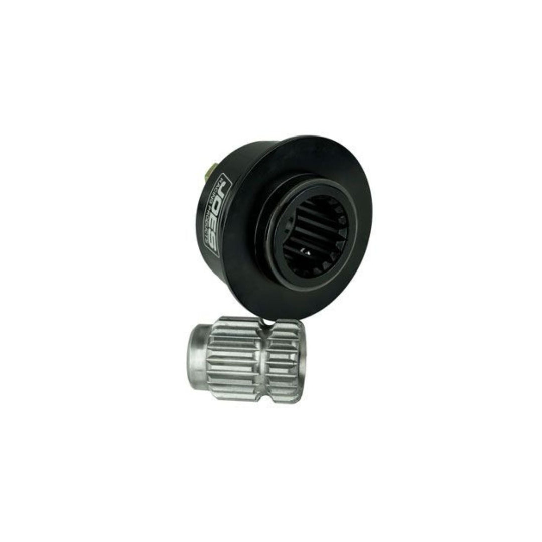 Black and silver weld on steering wheel hub 3/4 inch shaft on a white background