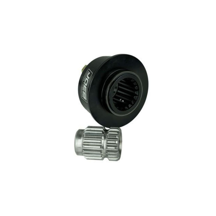 Black and silver weld on steering wheel hub 3/4 inch shaft on a white background