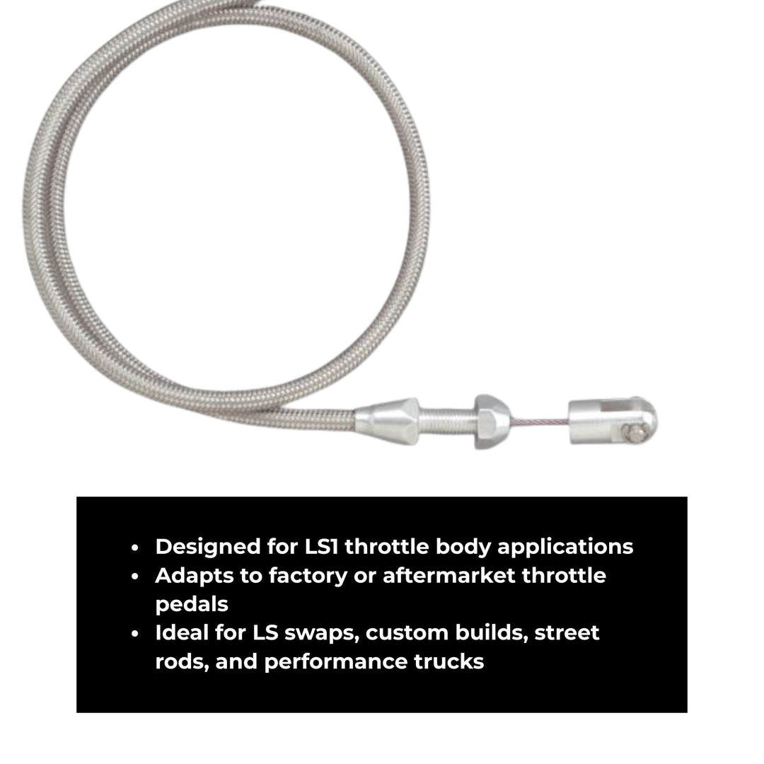 LS1 stainless braided throttle cable Lokar with text ideal for ls swap on a white background