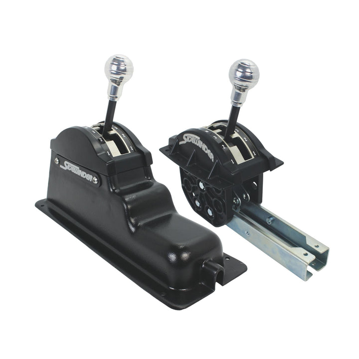 Two Winters 4L80E SideWinder Shifters with metallic knobs on a white background